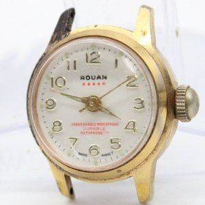 Vintage ROUAN Swiss Made Watch Womens Gold Tone Stainless Steel White Dial